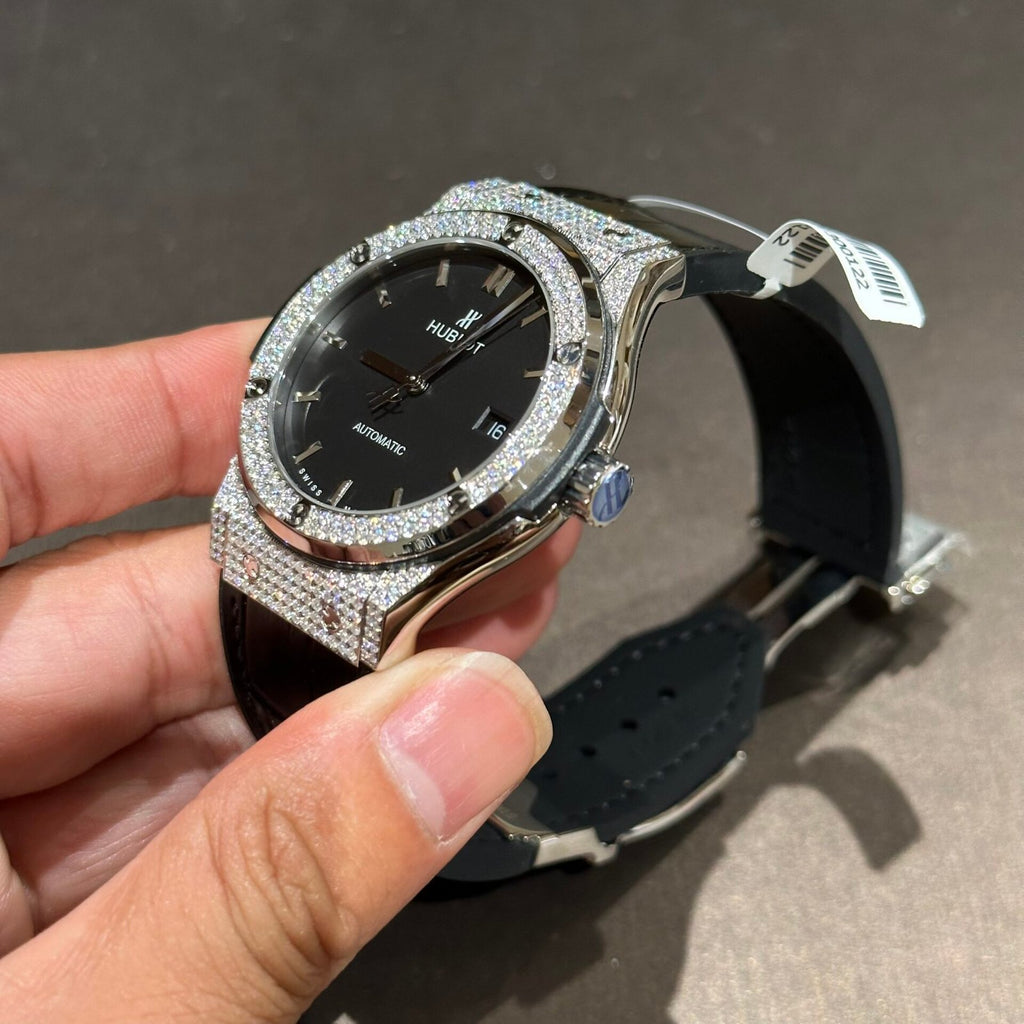 Hublot Watch With Full Diamond Moissanite Diamonds Black Dial Men’s 42mm
