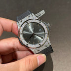 Hublot Watch With Full Diamond Moissanite Diamonds Gray Dial Leather Strap 42mm