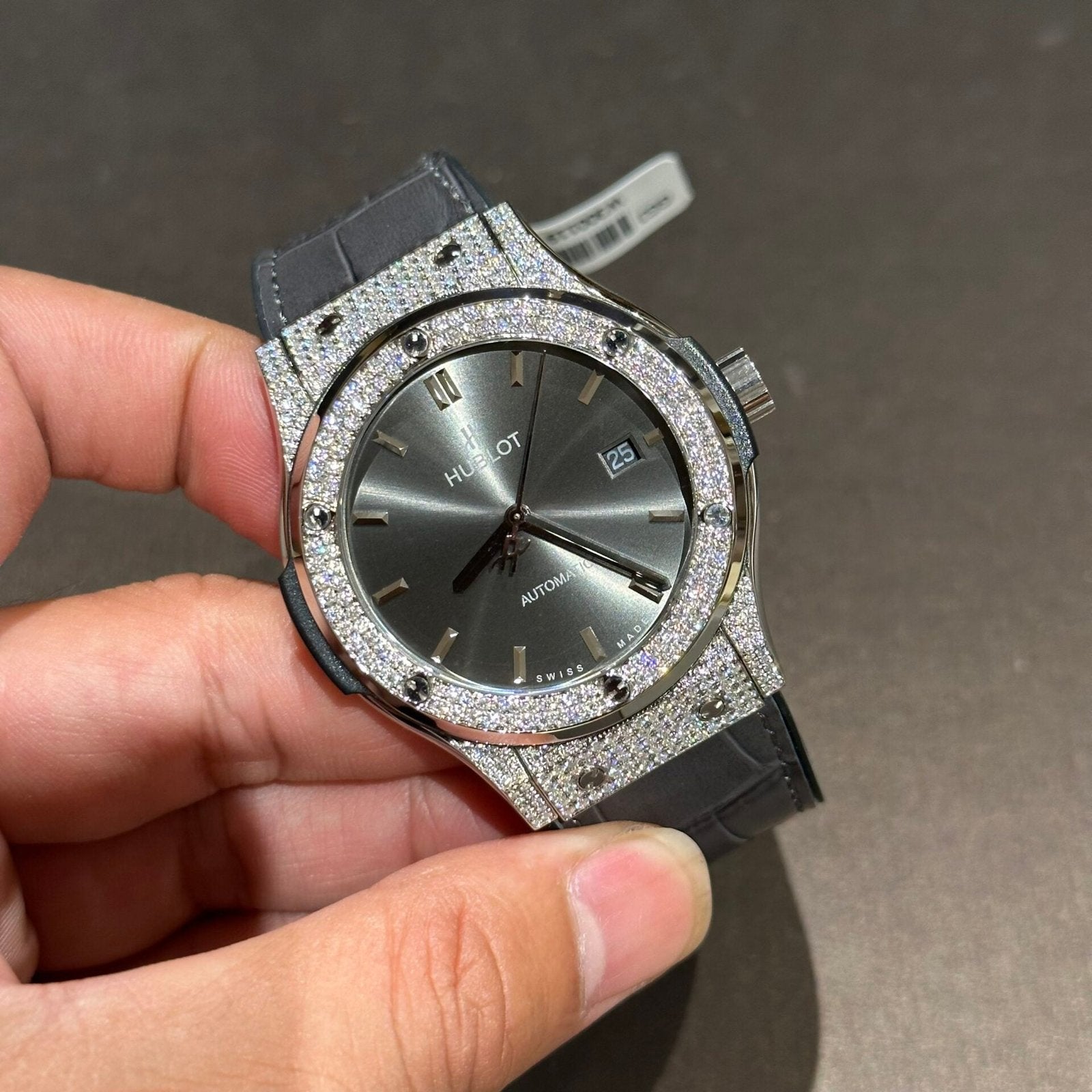 Hublot Watch With Full Diamond Moissanite Diamonds Gray Dial Leather Strap 42mm