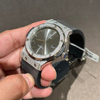 Hublot Watch With Full Diamond Moissanite Diamonds Gray Dial Leather Strap 42mm