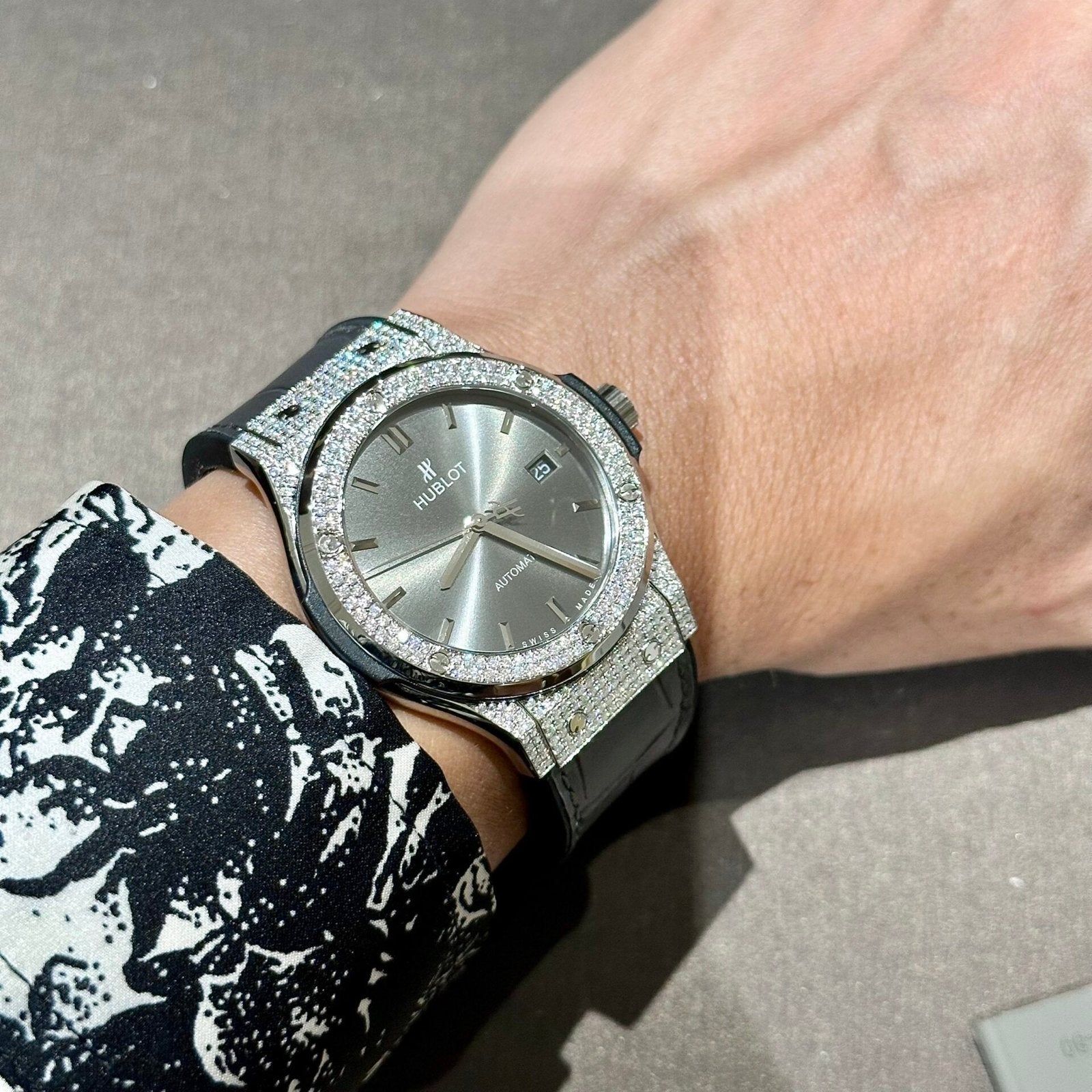 Hublot Watch With Full Diamond Moissanite Diamonds Gray Dial Leather Strap 42mm