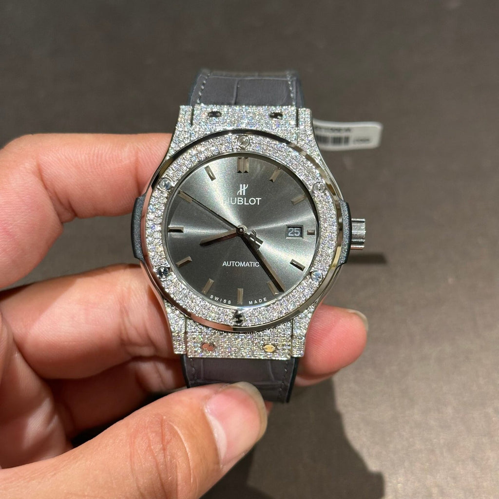 Hublot Watch With Full Diamond Moissanite Diamonds Gray Dial Leather Strap 42mm