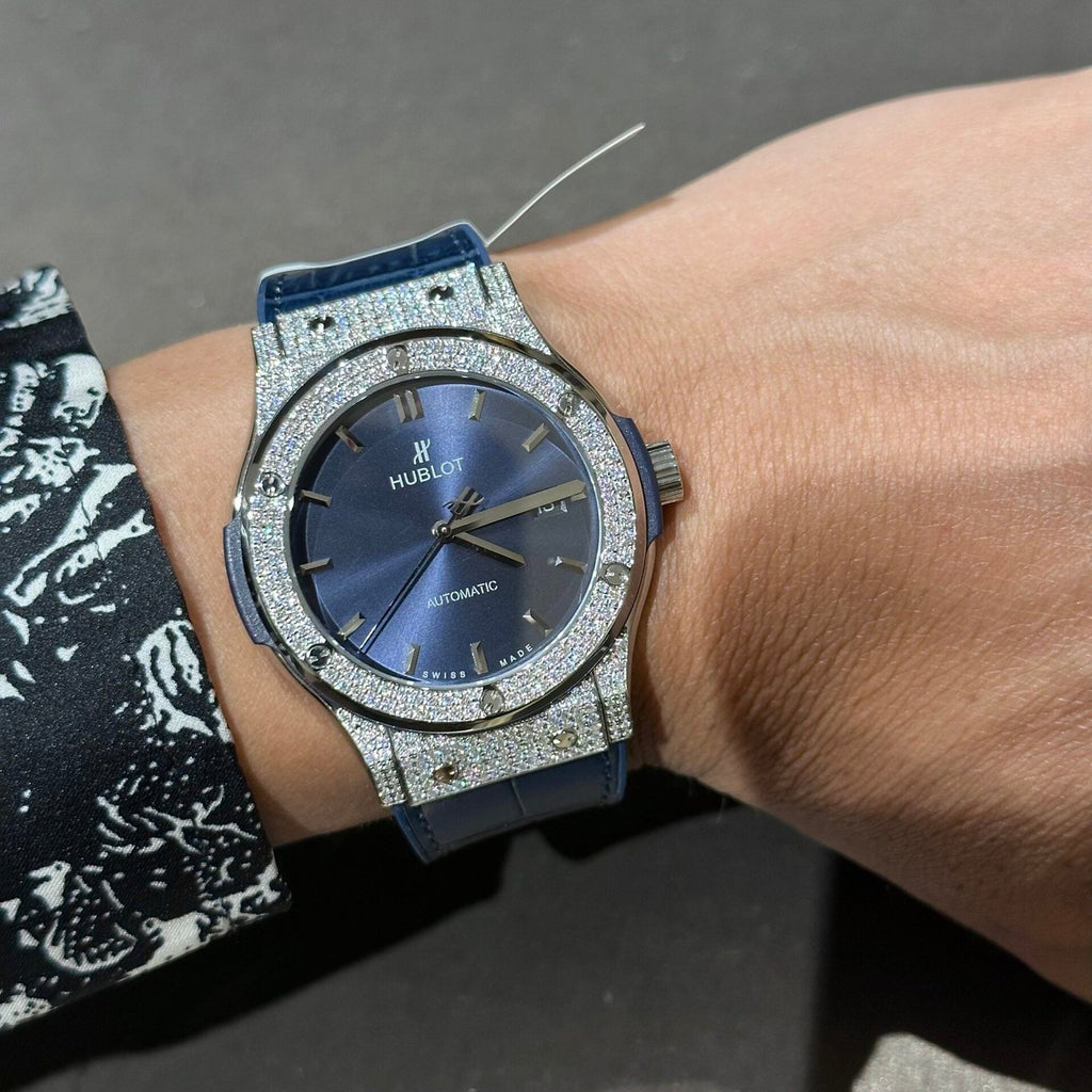 Hublot Watch With Full Diamond Moissanite Diamonds Blue Dial 42mm