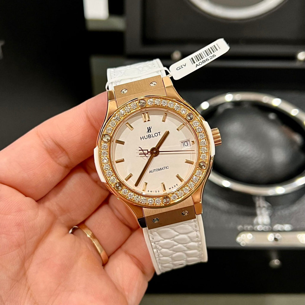 Hublot Watch Classic Fusion King Gold White Dial Moissanite Diamonds 38mm