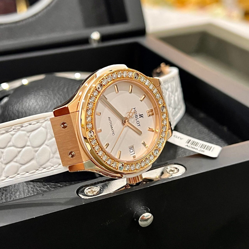 Hublot Watch Classic Fusion King Gold White Dial Moissanite Diamonds 38mm
