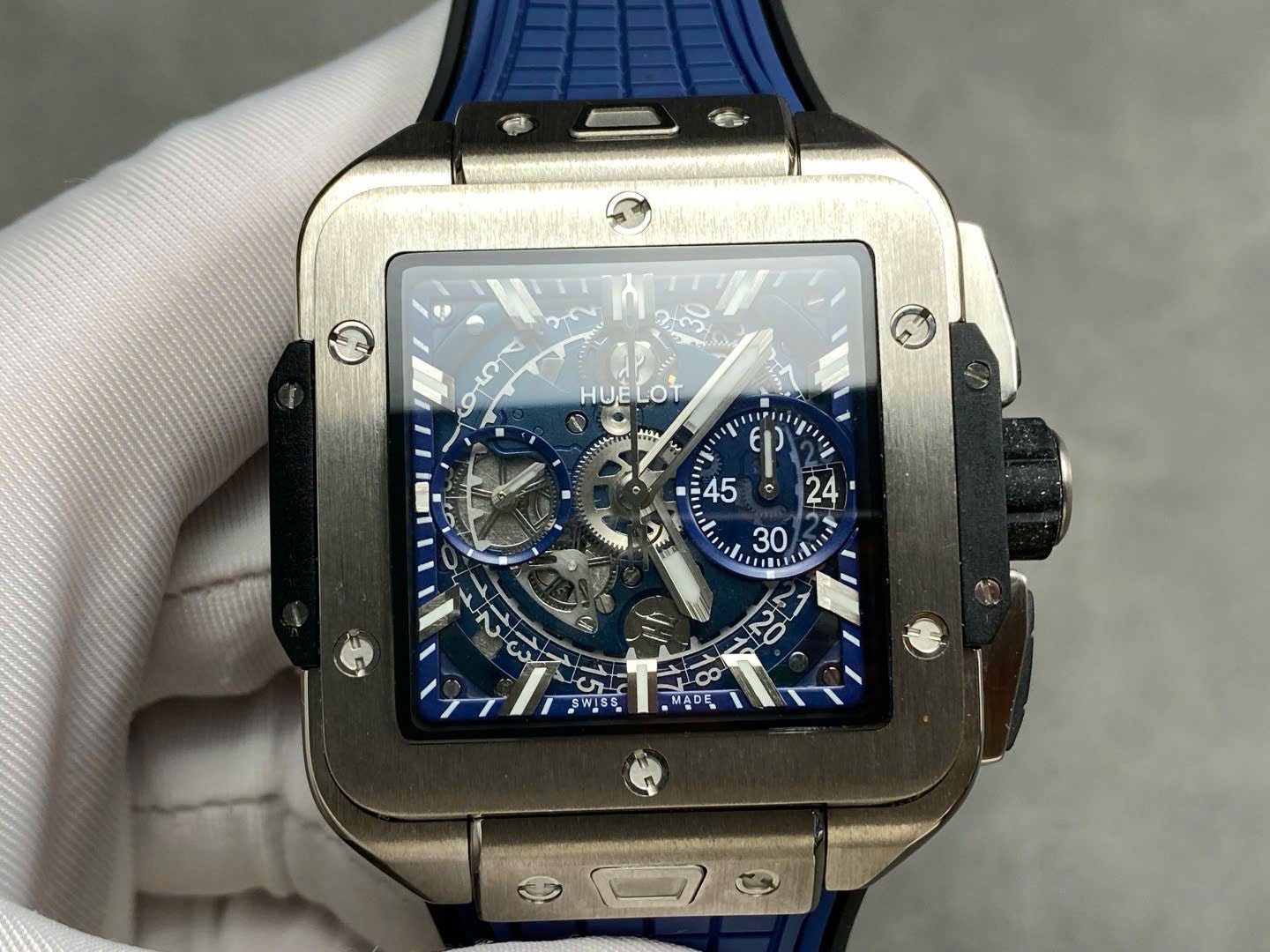 Hublo Square Bang Unico Titanium Watch Blue Rubber Strap 42mm