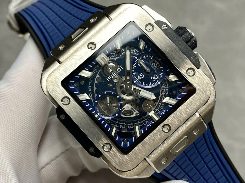 Hublo Square Bang Unico Titanium Watch Blue Rubber Strap 42mm
