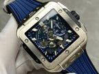 Hublo Square Bang Unico Titanium Watch Blue Rubber Strap 42mm