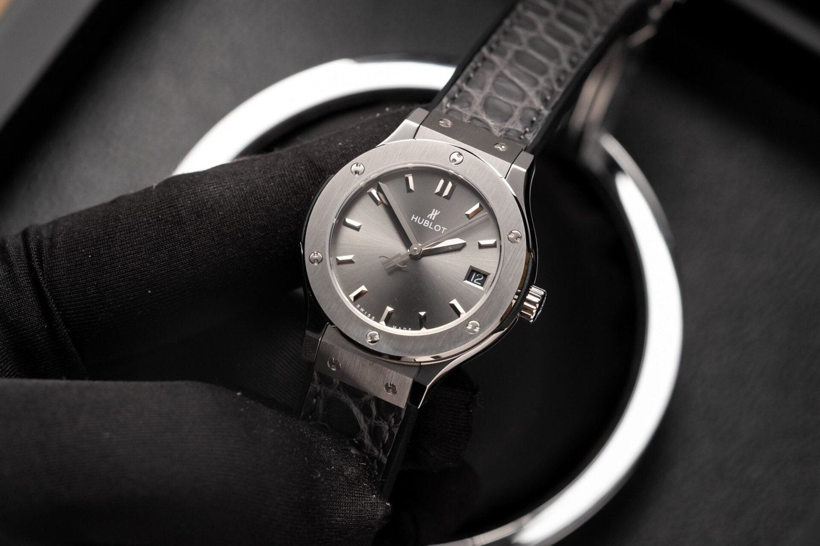 Hublot Women Watch Gray Dial Leather Strap 33mm