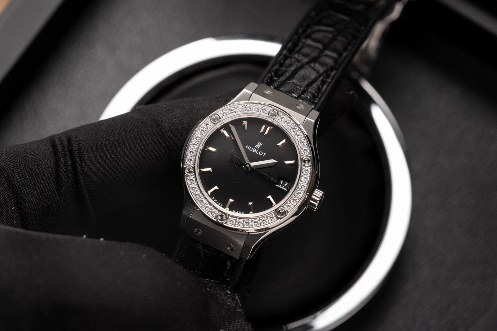 Hublot Watch With Diamonds Bezel Black Dial 33mm