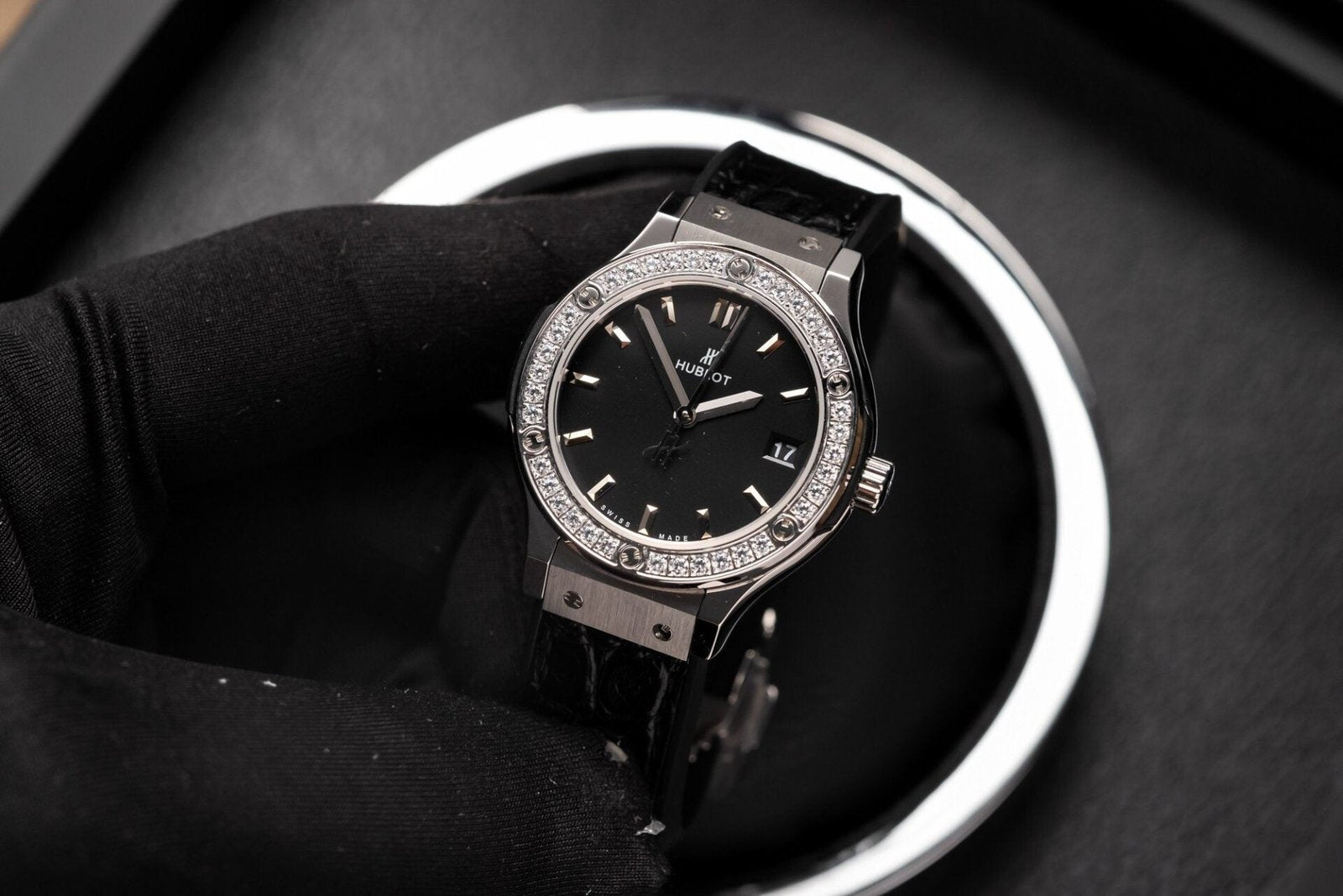 Hublot Watch With Diamonds Bezel Black Dial 33mm