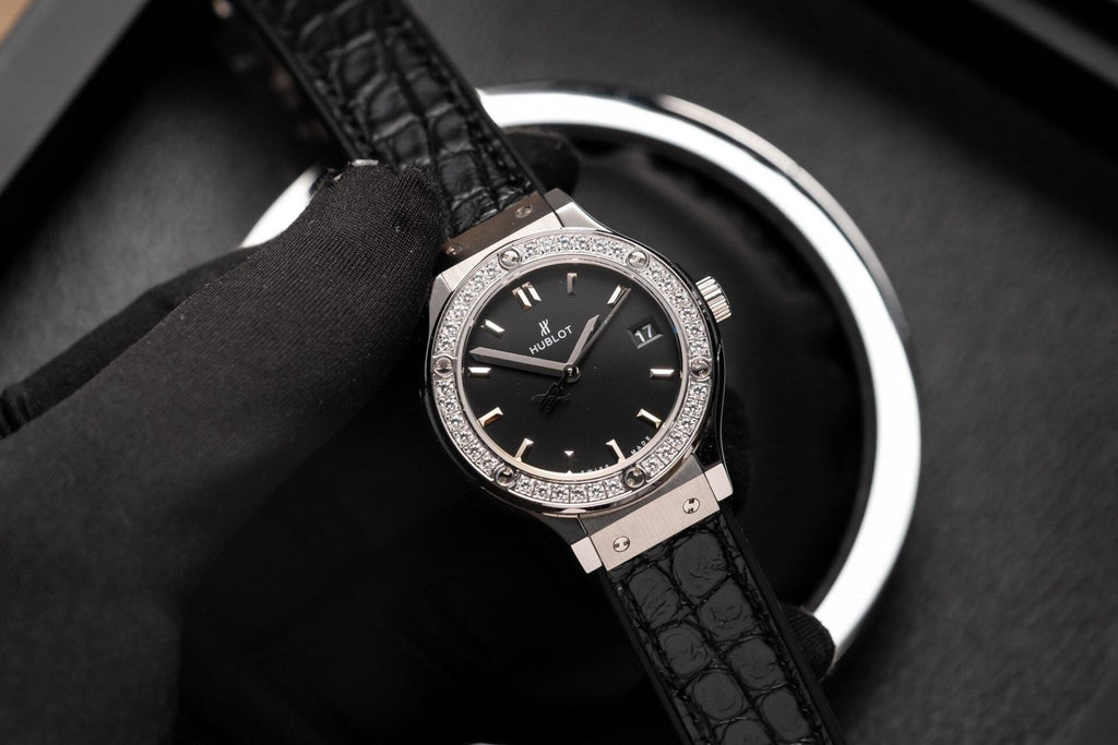 Hublot Watch With Diamonds Bezel Black Dial 33mm