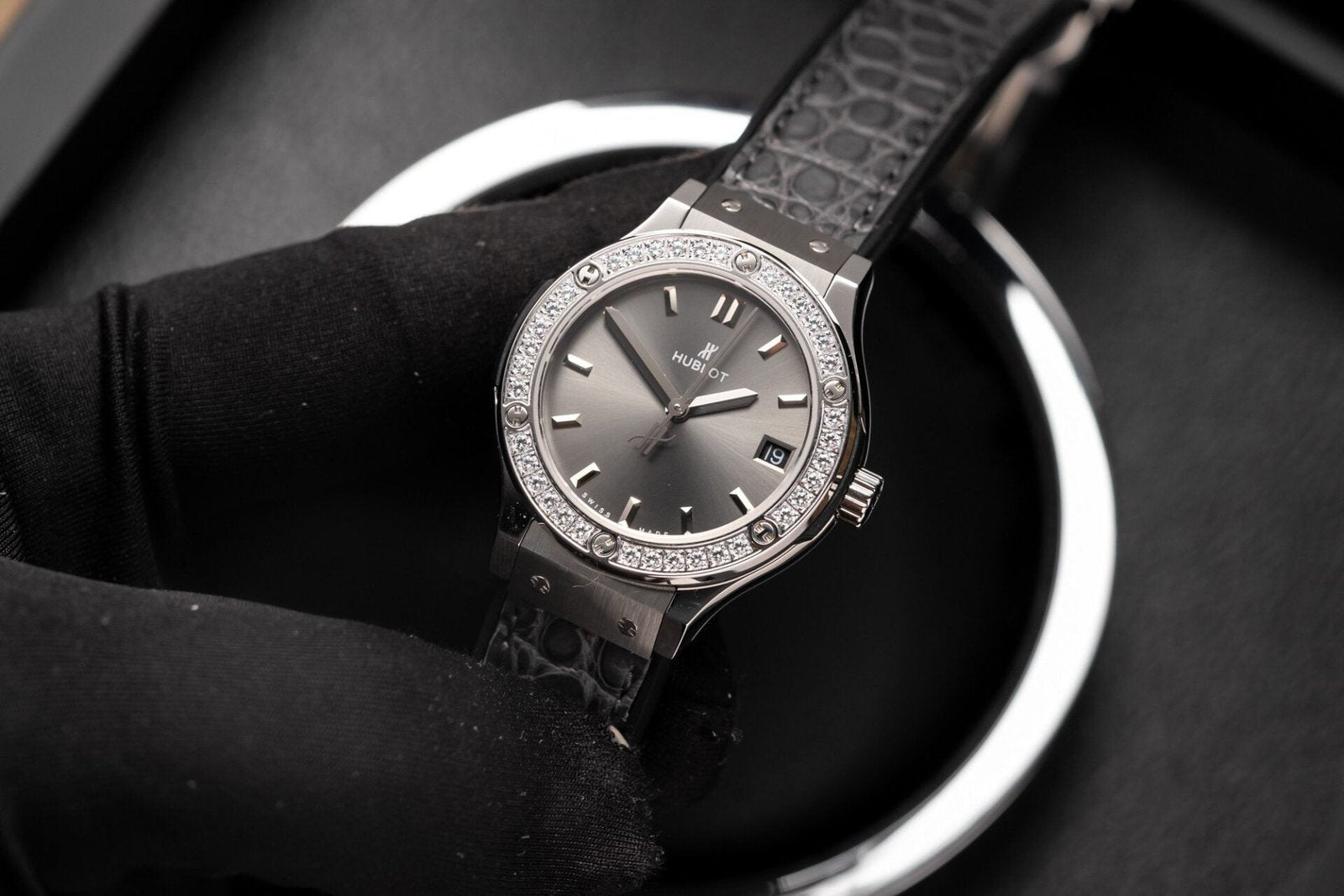 Hublot Watch With Diamonds Bezel Gray Dial 33mm