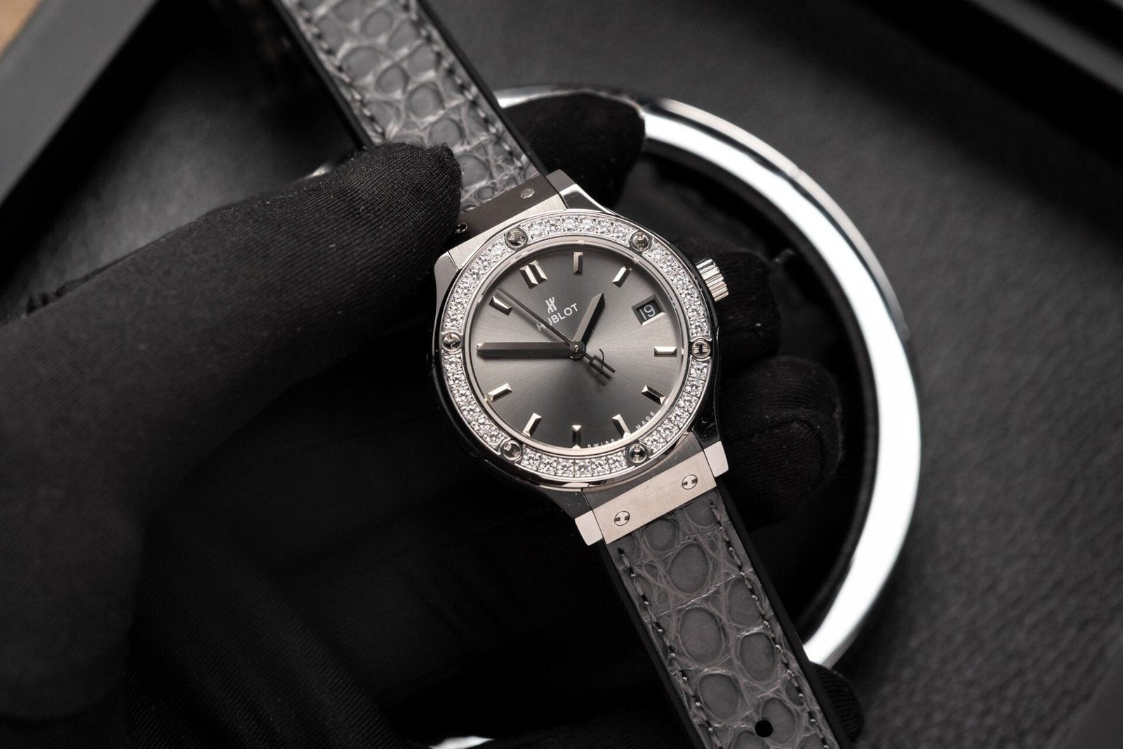 Hublot Watch With Diamonds Bezel Gray Dial 33mm
