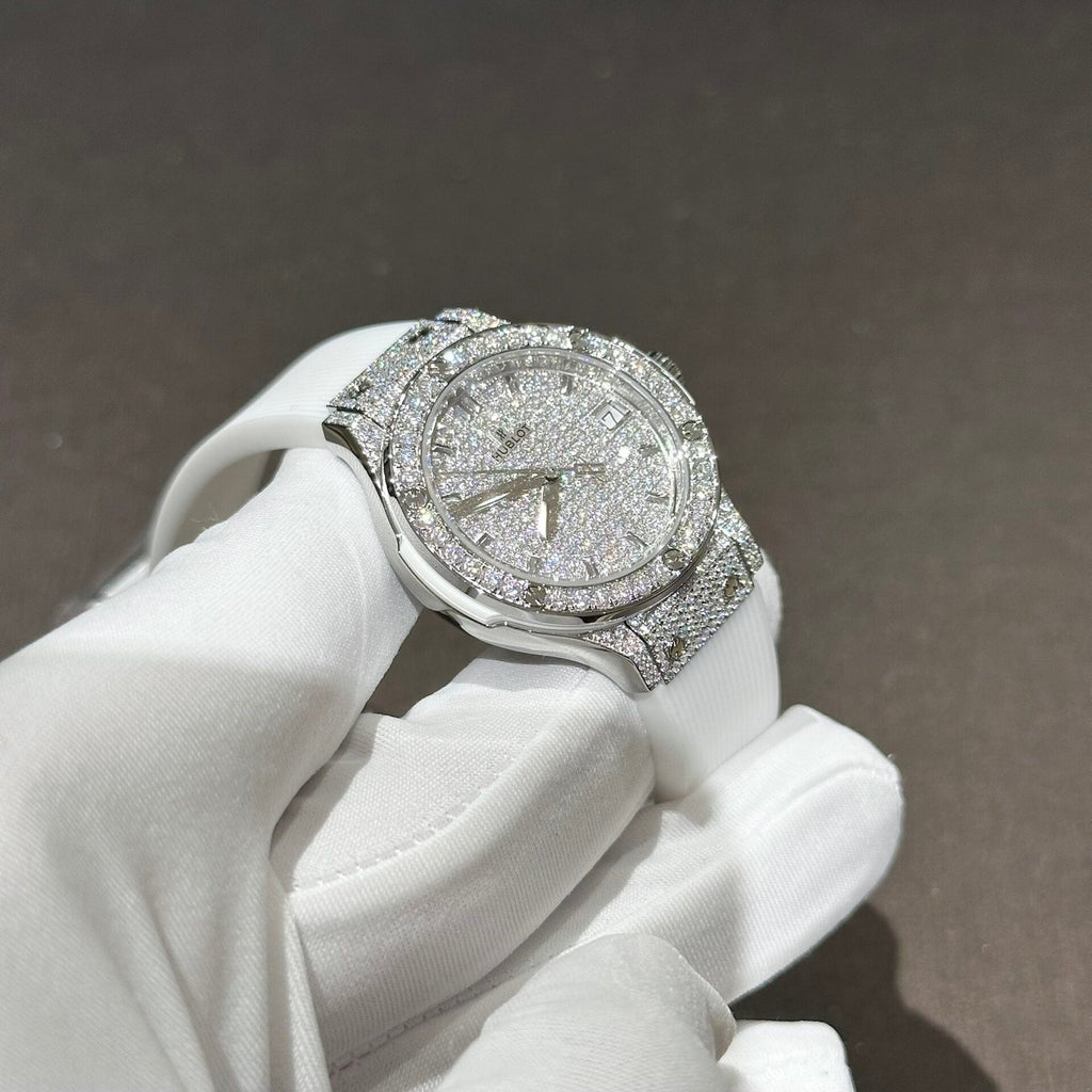 Hublot Classic Fusion Watch White Full Moissanite Diamonds 33mm