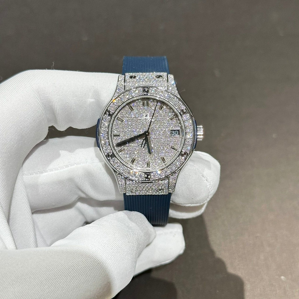 Hublot Classic Fusion Watch Blue Rubber Strap Moissanite Diamond 33mm