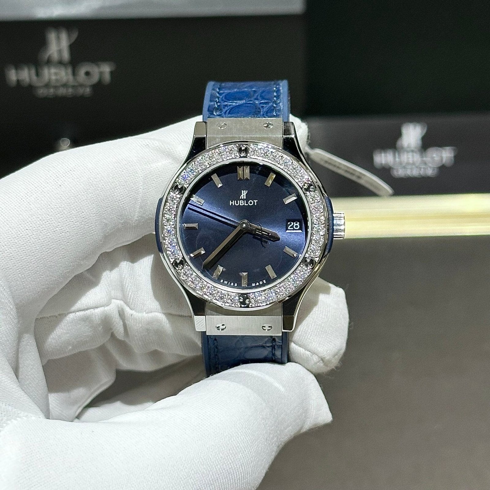 Hublot Classic Fusion Watch Blue With Moissanite Diamond 33mm