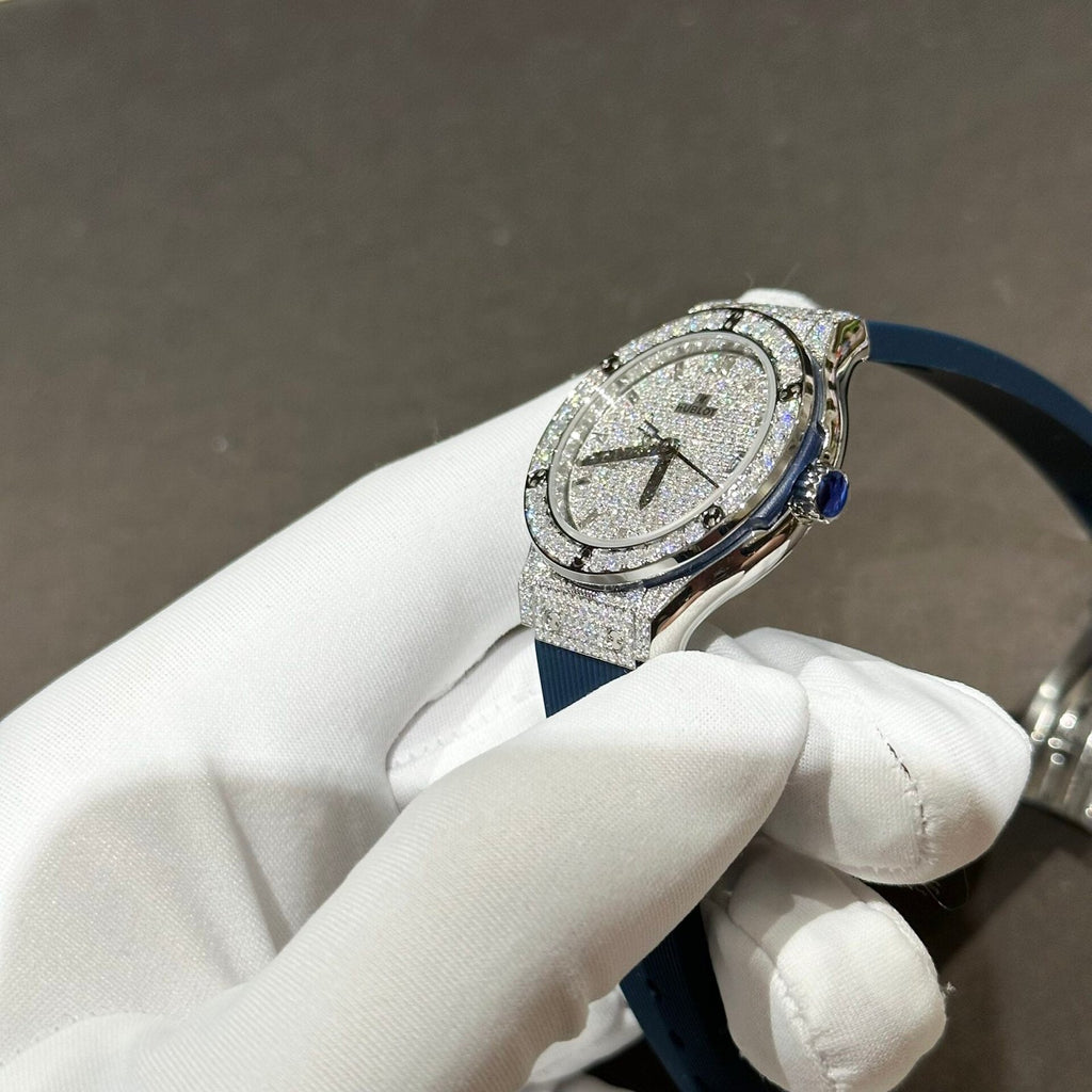 Hublot Classic Fusion Watch Blue Rubber Strap Moissanite Diamond 33mm