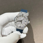 Hublot Classic Fusion Watch Blue Rubber Strap Moissanite Diamond 33mm