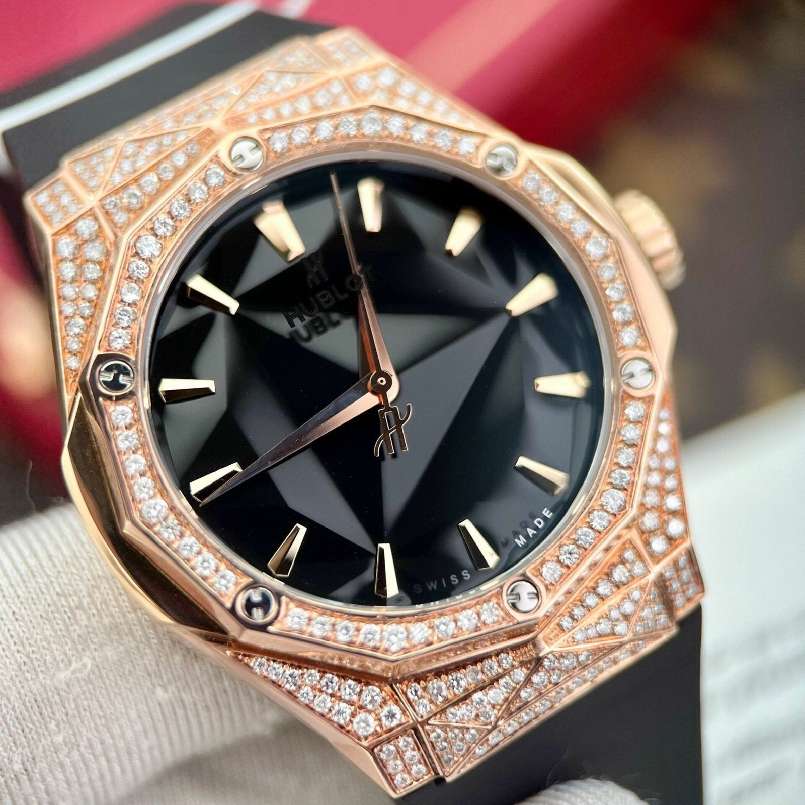 Hublot Watch Orlinski King Gold Natural Diamonds Rubber Strap 40mm