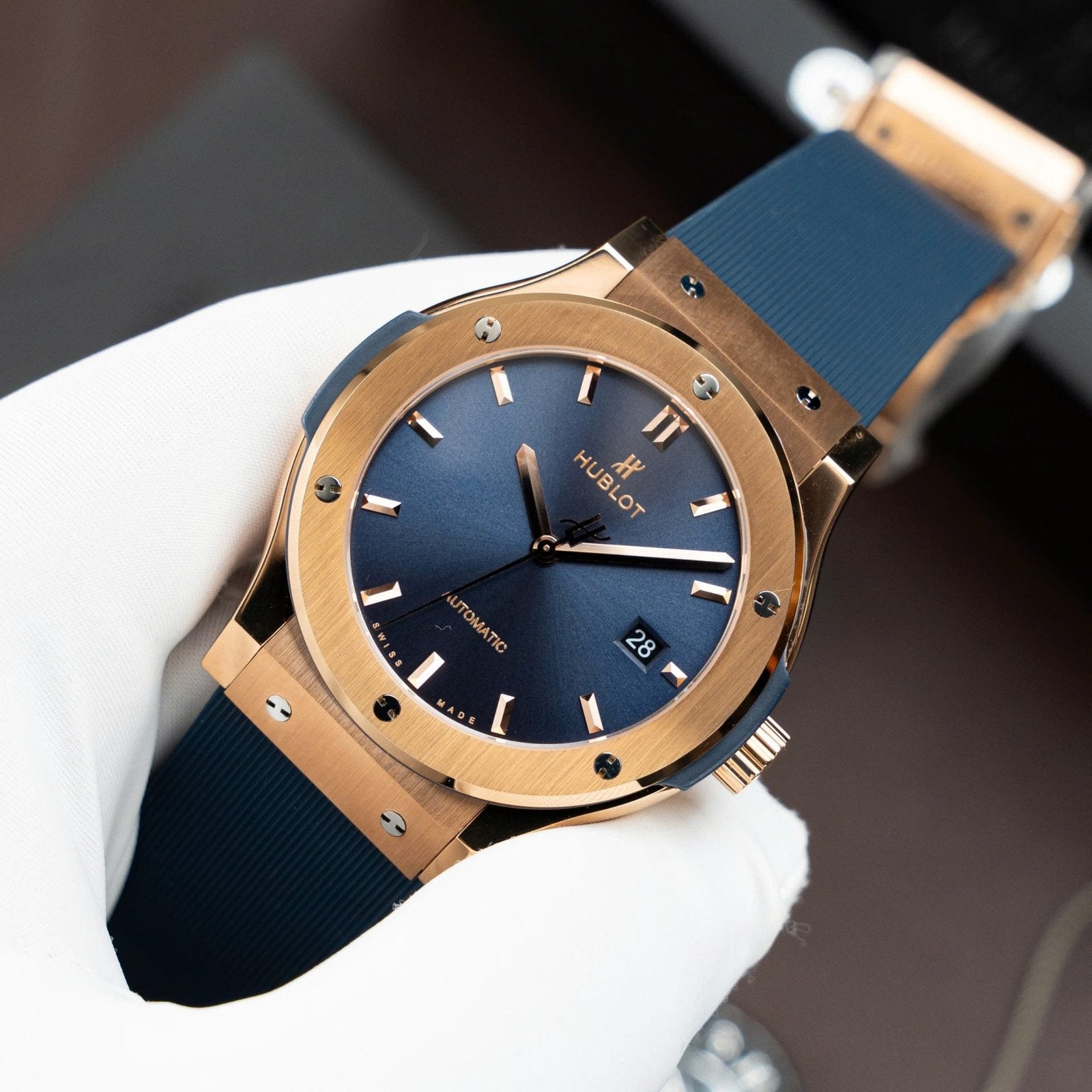 Hublot  Watch Classic Fusion King Gold Dial Blue Movement SW300 Rubber Strap 42mm