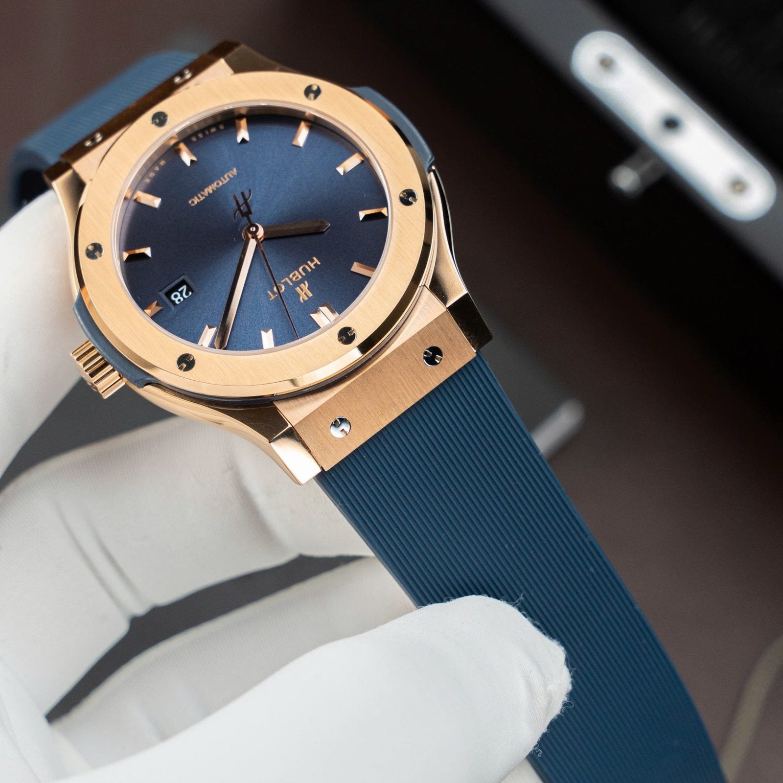 Hublot  Watch Classic Fusion King Gold Dial Blue Movement SW300 Rubber Strap 42mm
