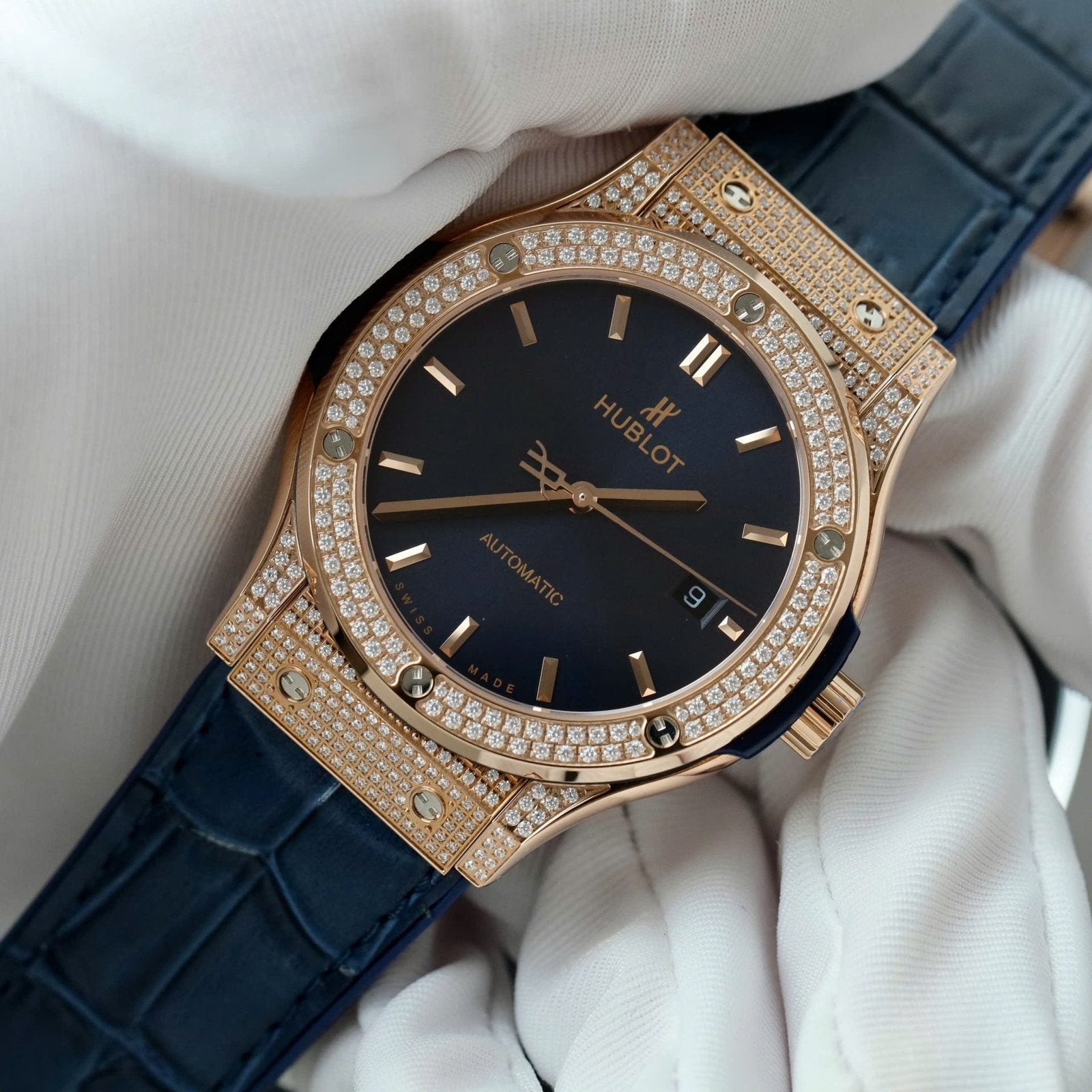 Hublot Classic Fusion King Gold Watch Blue Dial Diamonds 42mm