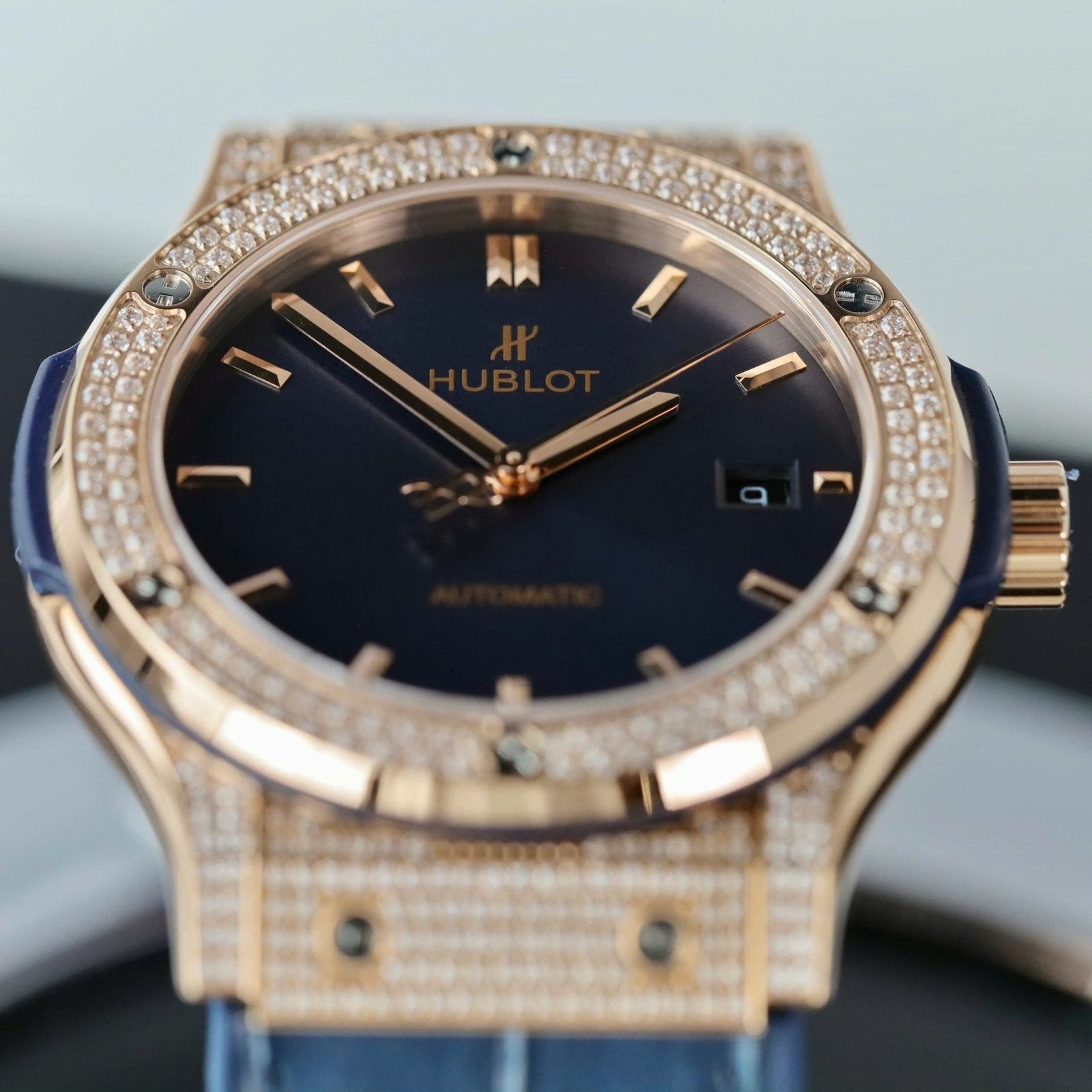 Hublot Classic Fusion King Gold Watch Blue Dial Diamonds 42mm