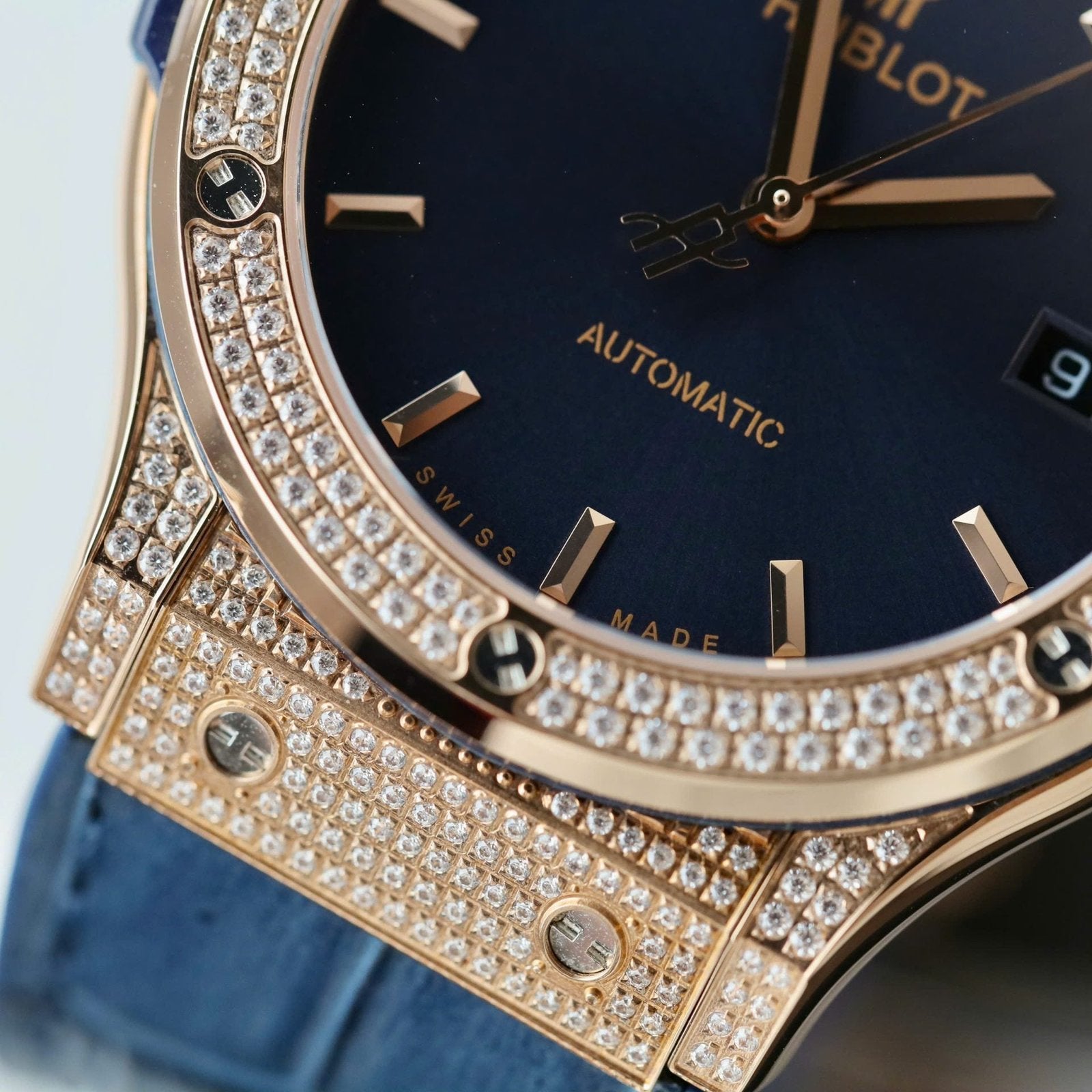 Hublot Classic Fusion King Gold Watch Blue Dial Diamonds 42mm