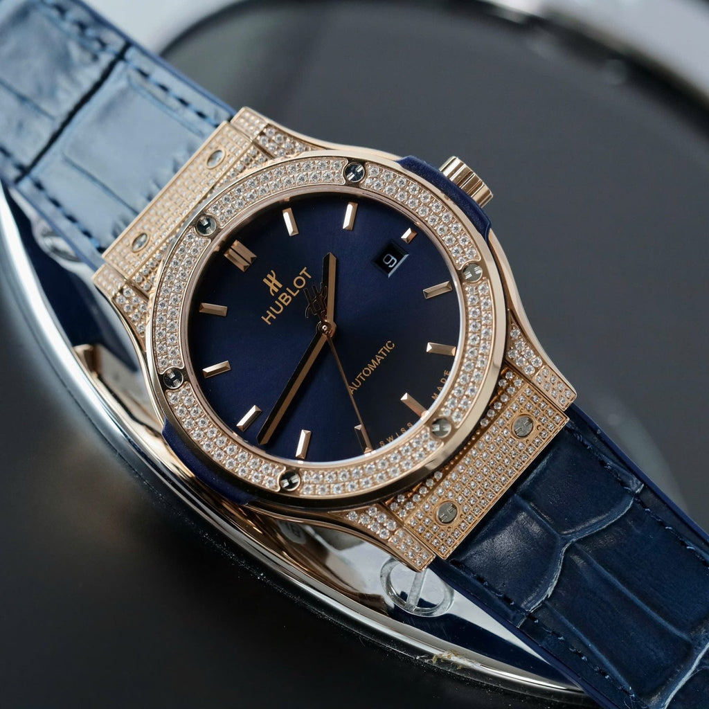 Hublot Classic Fusion King Gold Watch Blue Dial Diamonds 42mm