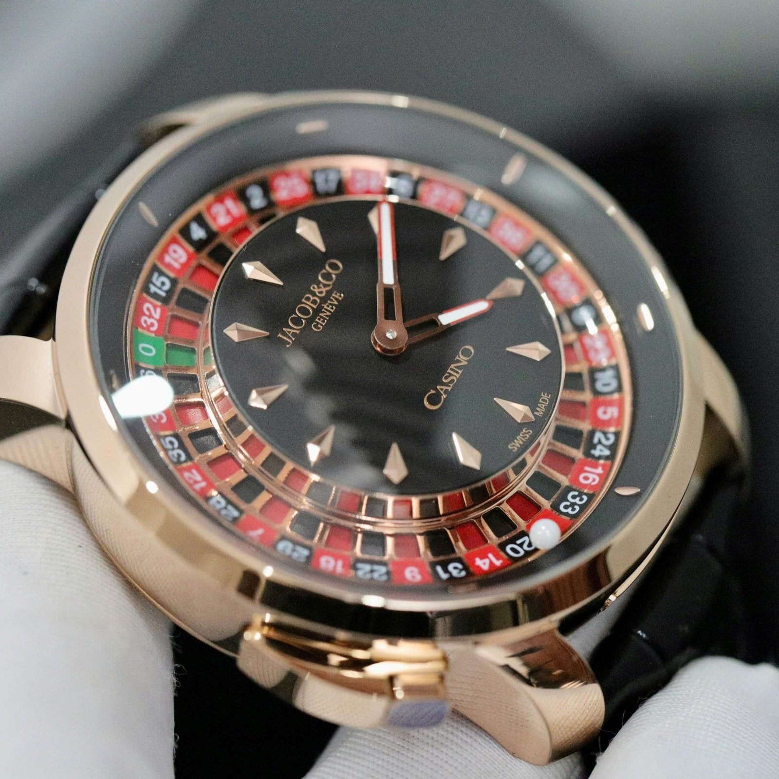 Jacob &amp; Co Casino Roulette Watch Black Leather Strap 44mm