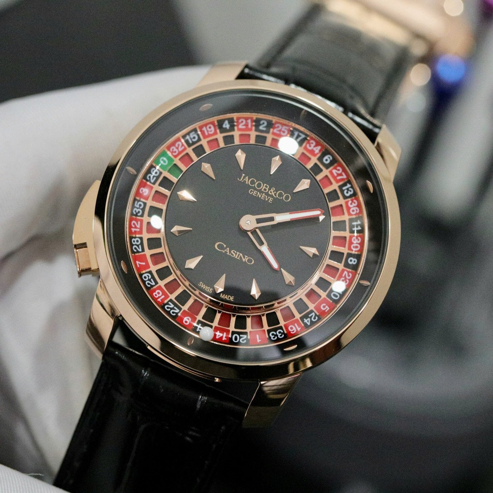 Jacob &amp; Co Casino Roulette Watch Black Leather Strap 44mm