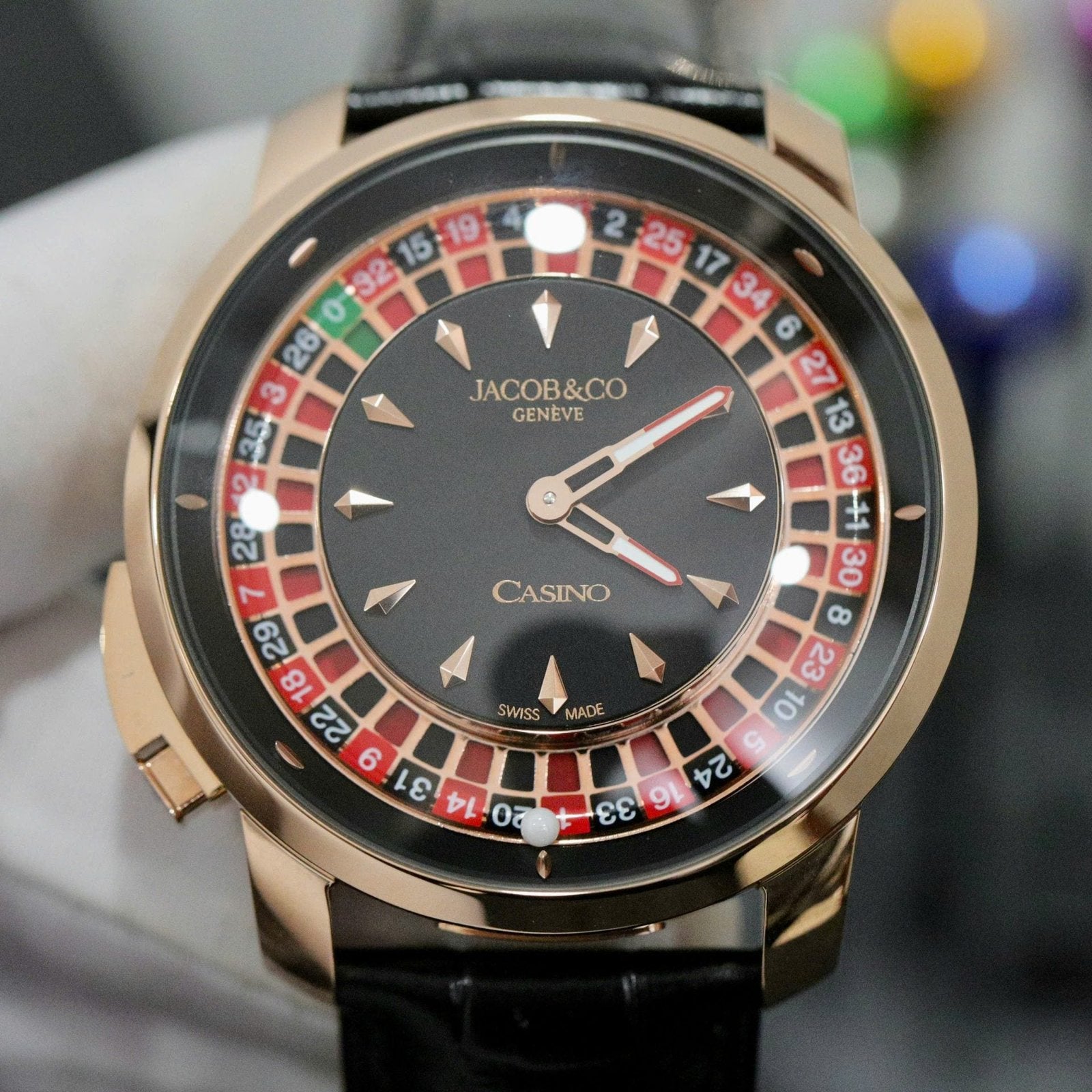 Jacob &amp; Co Casino Roulette Watch Black Leather Strap 44mm