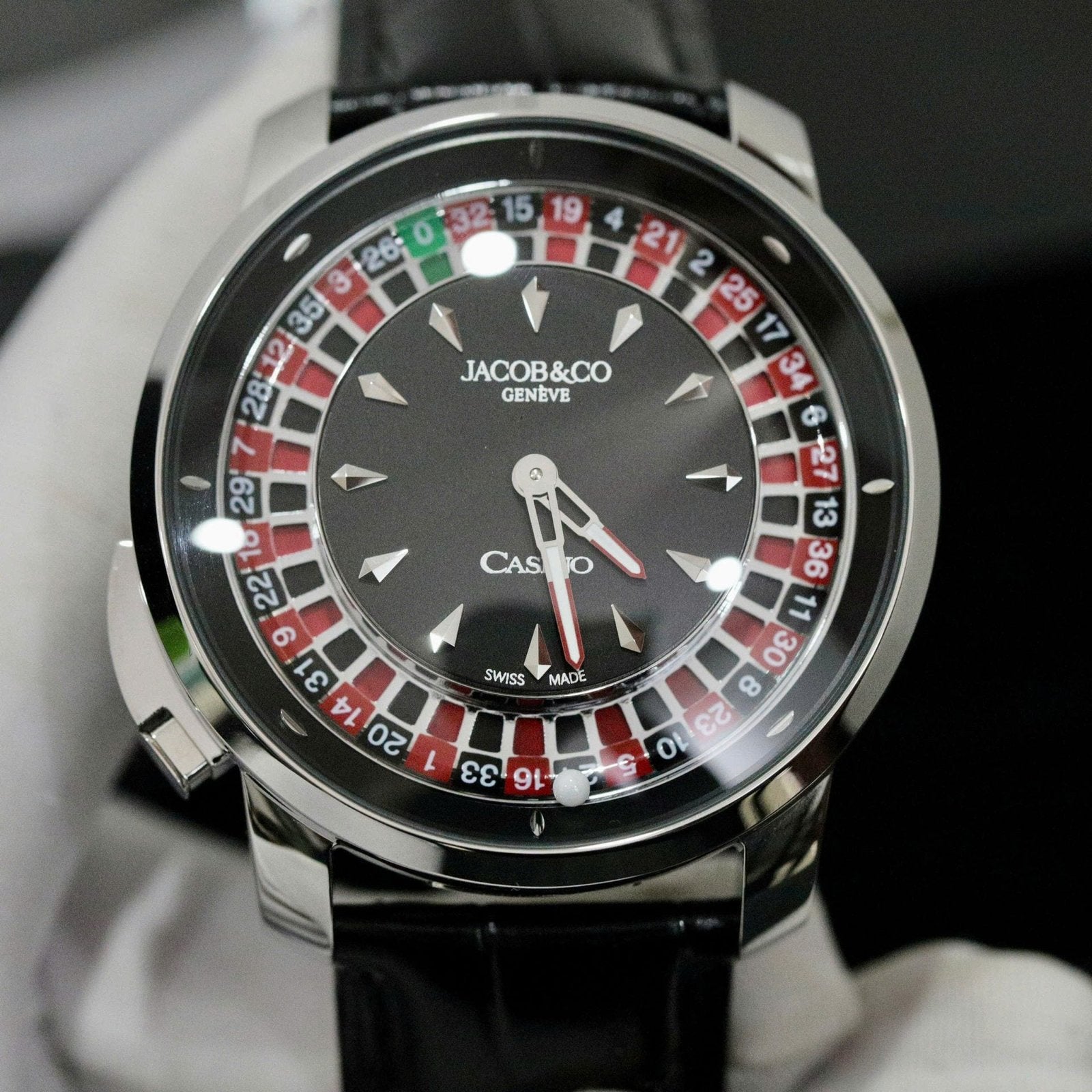 Jacob &amp; Co Casino Roulette Watch Black Leather Strap 44mm