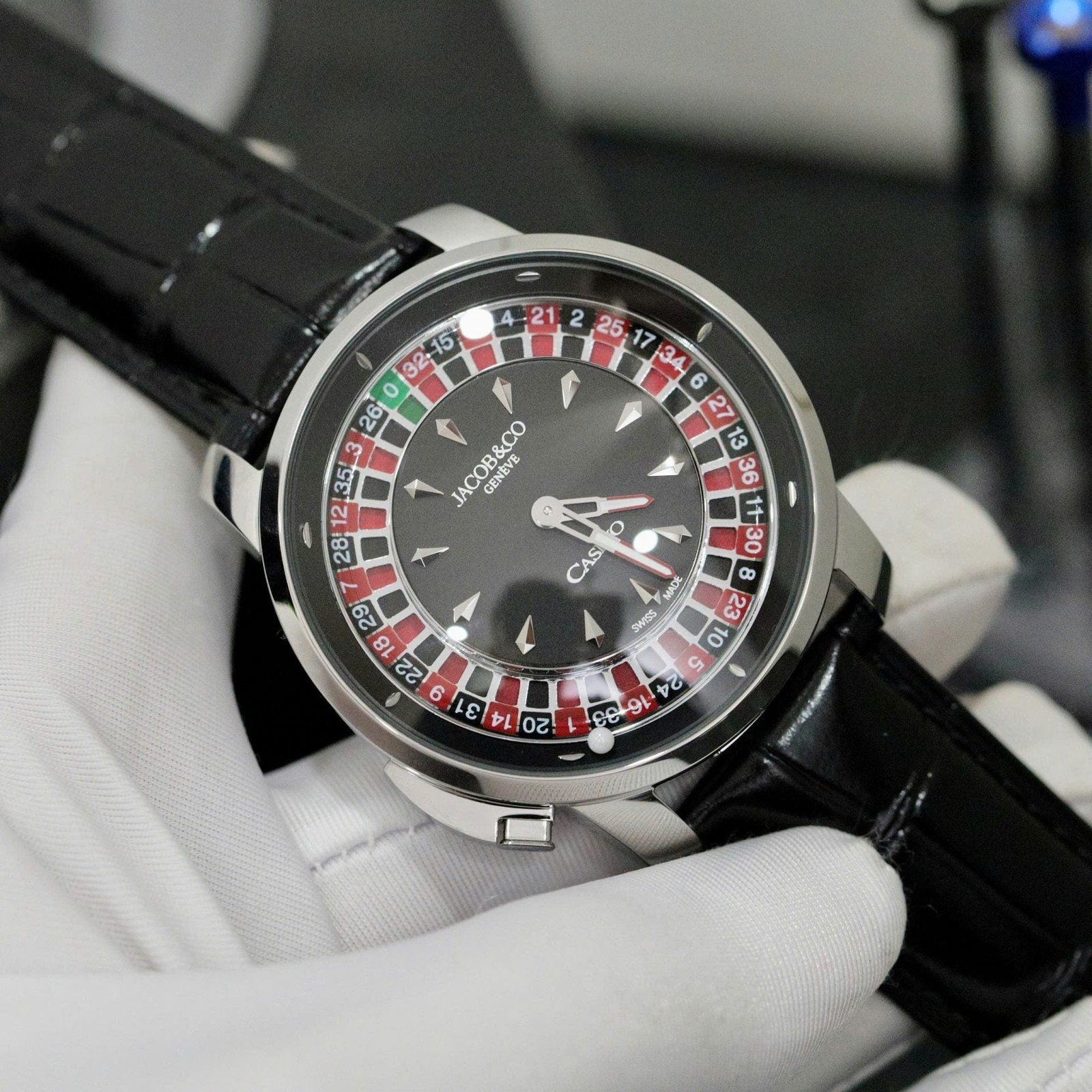 Jacob &amp; Co Casino Roulette Watch Black Leather Strap 44mm