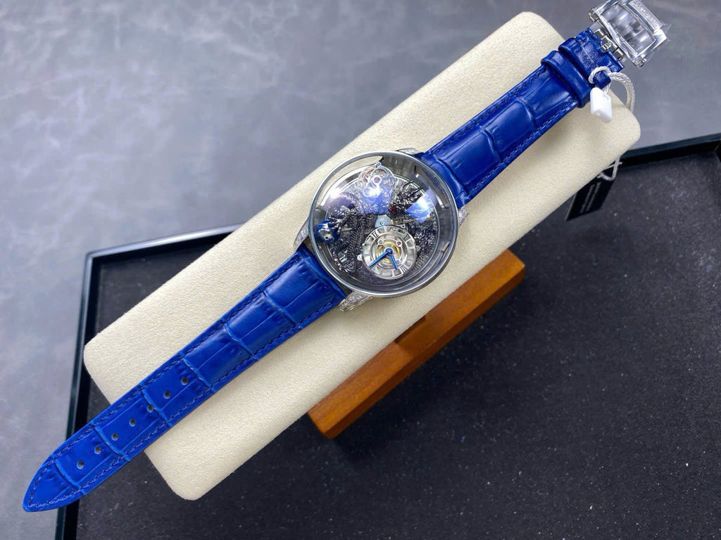 Jacob &amp; Co Black Dragon Watch Leather Strap Blue 45mm