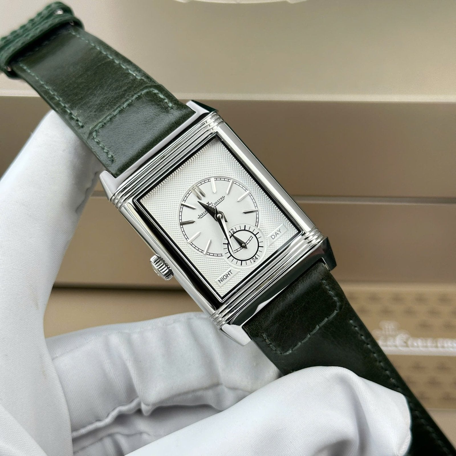 Jaeger LeCoultre Watch Reverso Tribute Small Seconds 2 Dial Green And White 28.3x47mm