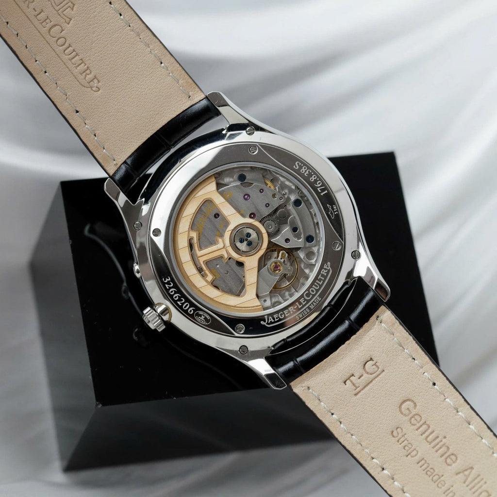 Jaeger LeCoultre Watch Ultra Thin Power Reserve Silver Dial Leather Strap 39mm
