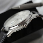 Jaeger LeCoultre Watch Ultra Thin Power Reserve Silver Dial Leather Strap 39mm