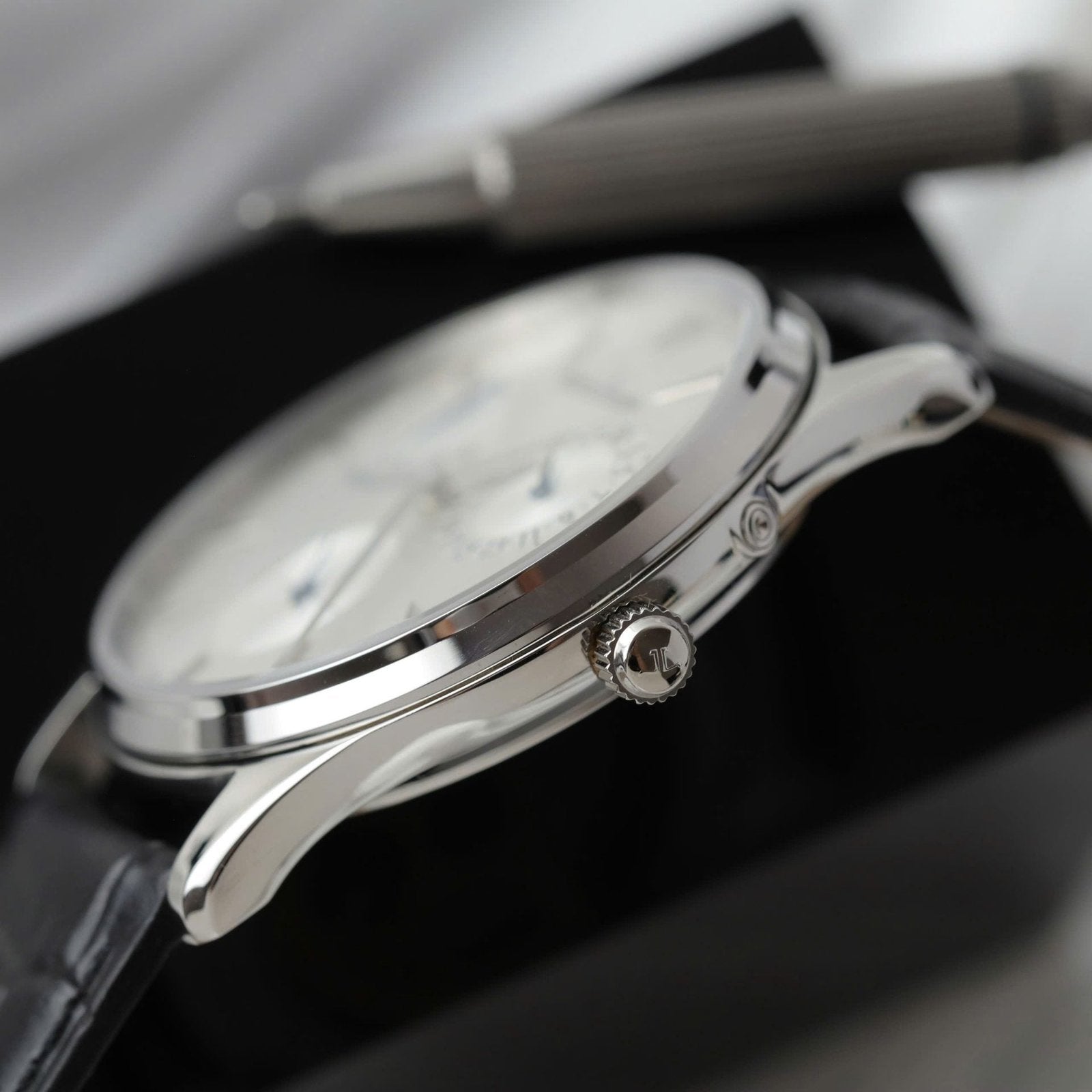 Jaeger LeCoultre Watch Ultra Thin Power Reserve Silver Dial Leather Strap 39mm