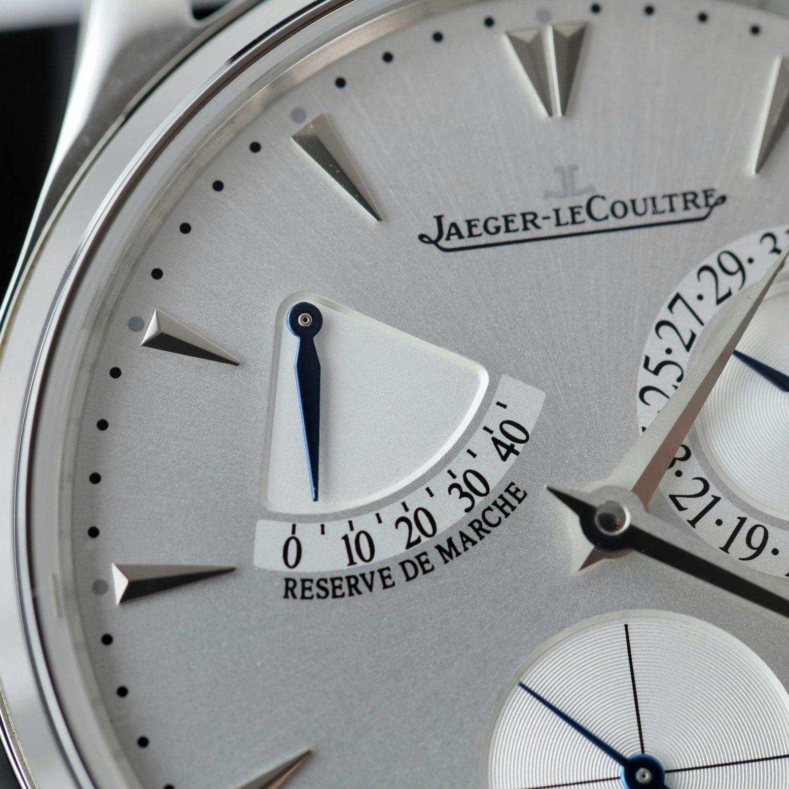 Jaeger LeCoultre Watch Ultra Thin Power Reserve Silver Dial Leather Strap 39mm