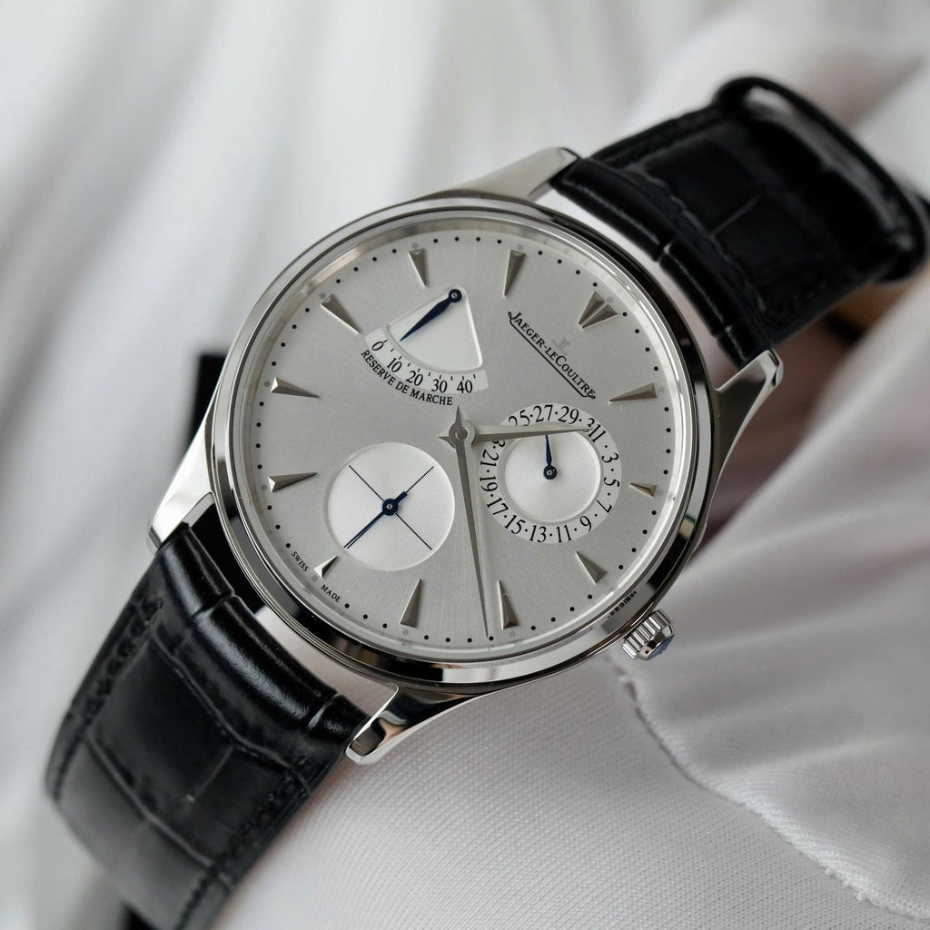 Jaeger LeCoultre Watch Ultra Thin Power Reserve Silver Dial Leather Strap 39mm