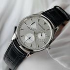 Jaeger LeCoultre Watch Ultra Thin Power Reserve Silver Dial Leather Strap 39mm