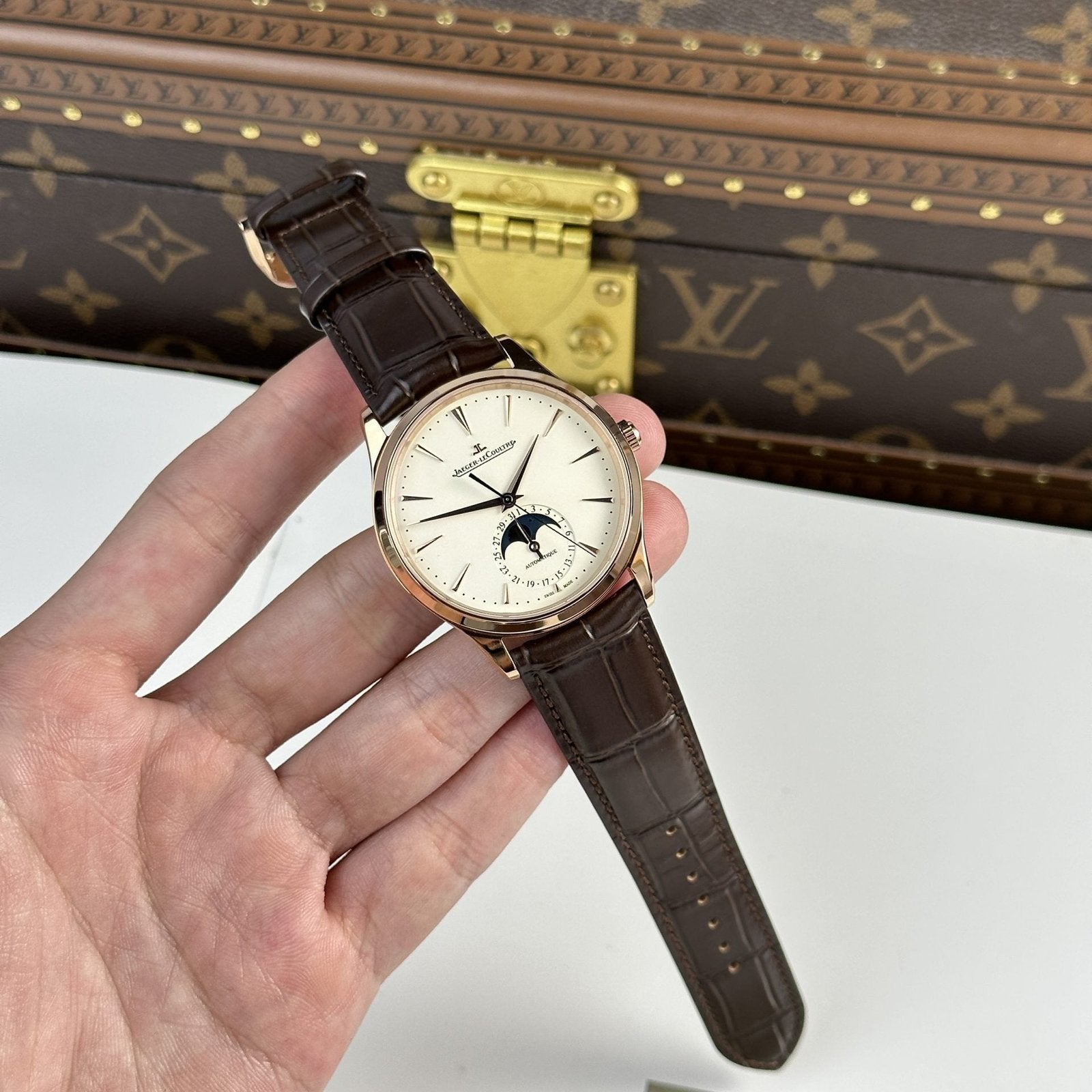 Jaeger LeCoultre Watch Ultrathin Moon Rose Gold Leather Strap 39mm