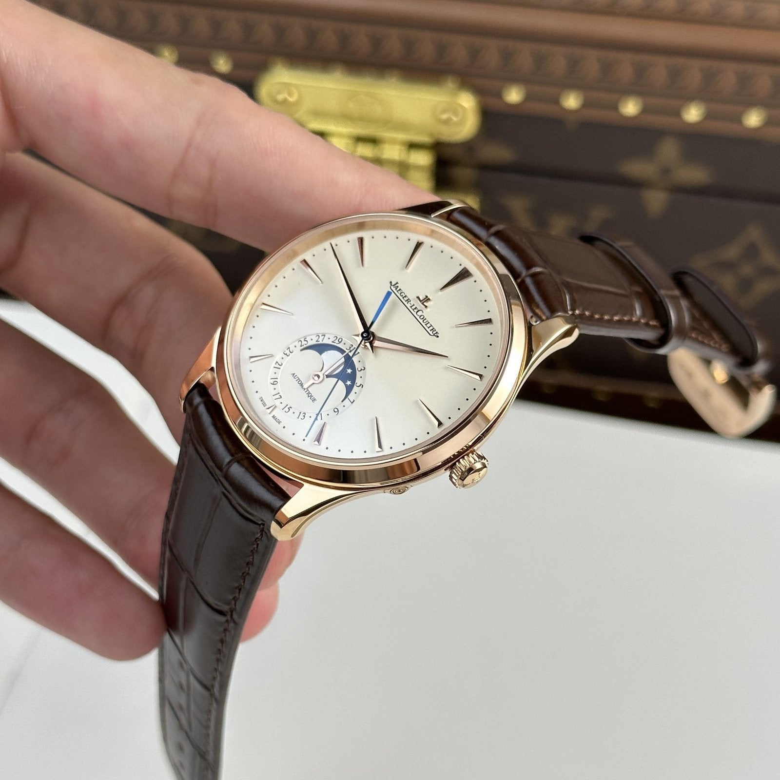 Jaeger LeCoultre Watch Ultrathin Moon Rose Gold Leather Strap 39mm