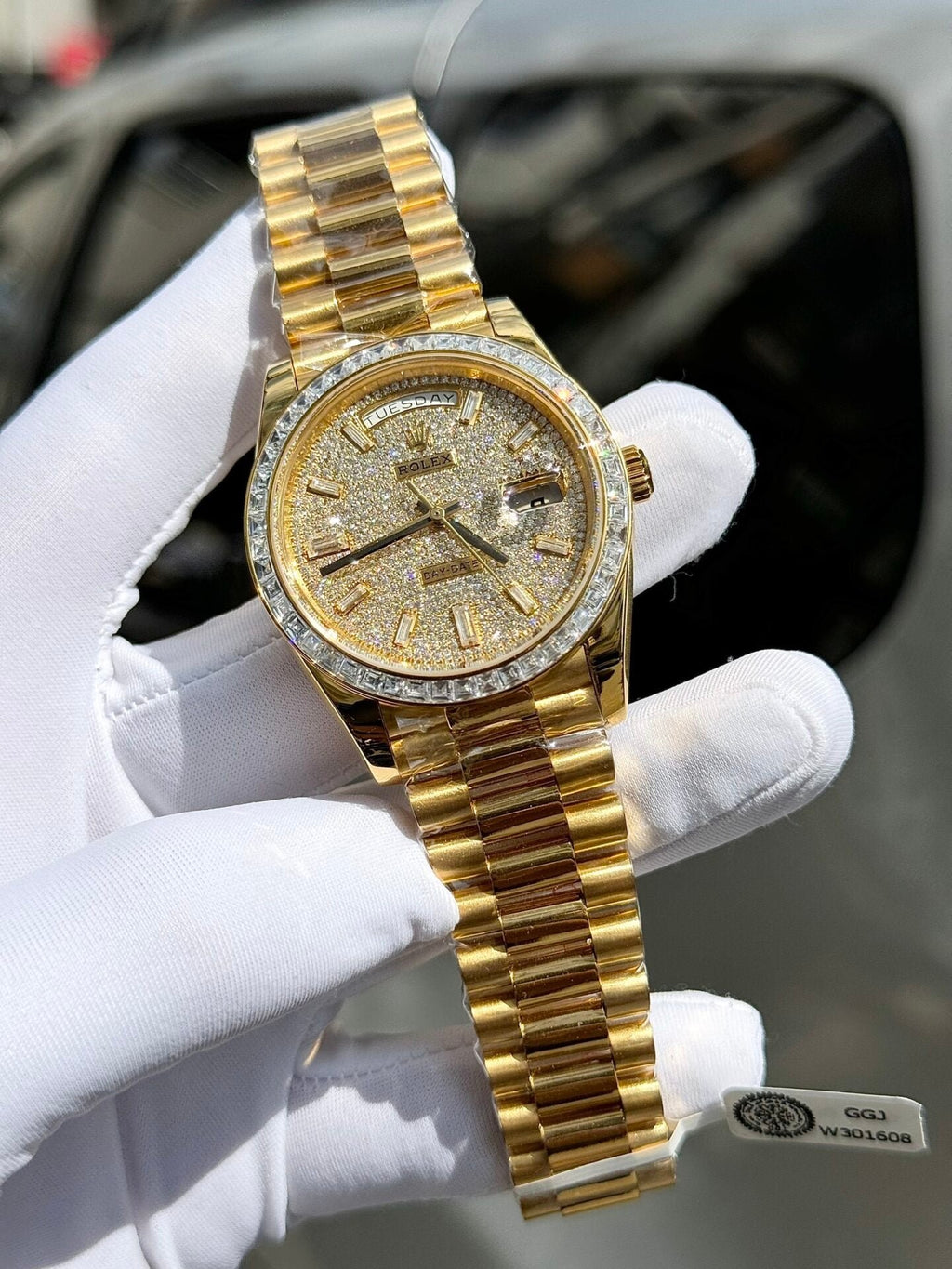 Rolex Day-Date Watch Diamond Moissanite Baguette Gold Wrapped 40mm