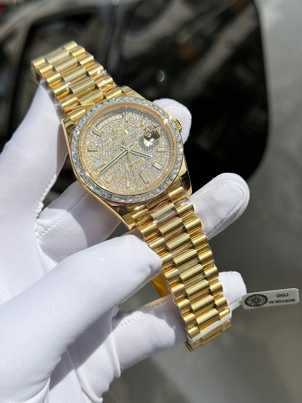Rolex Day-Date Watch Diamond Moissanite Baguette Gold Wrapped 40mm
