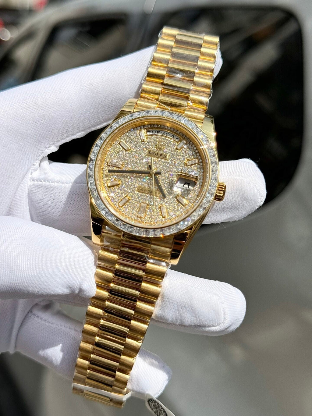 Rolex Day-Date Watch Diamond Moissanite Baguette Gold Wrapped 40mm