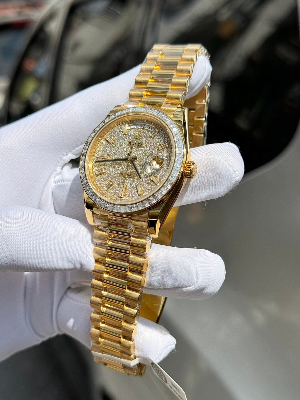 Rolex Day-Date Watch Diamond Moissanite Baguette Gold Wrapped 40mm