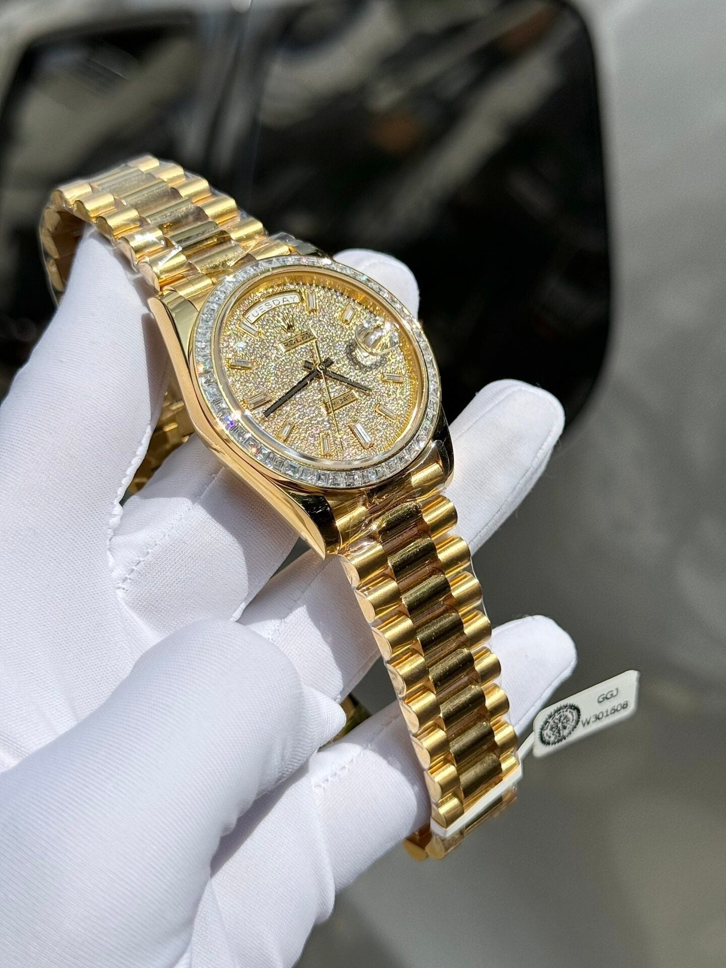 Rolex Day-Date Watch Diamond Moissanite Baguette Gold Wrapped 40mm